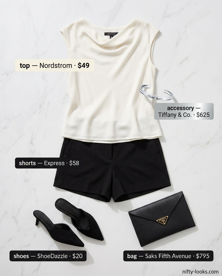 Chic black cowl neck top with tailored shorts for women's evening drinks 2026.