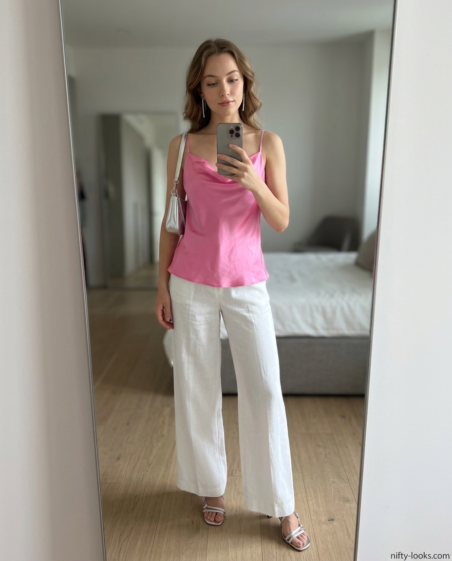 Elegant blush pink satin cowl neck camisole with white linen trousers for summer evening outfits 2026.