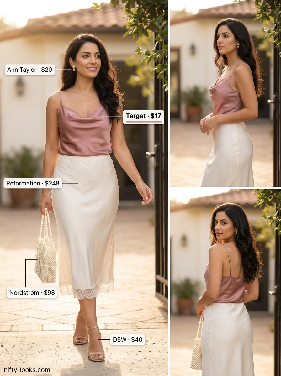 Feminine blush pink cowl neck camisole with a white satin midi skirt for summer soirée outfits 2026.