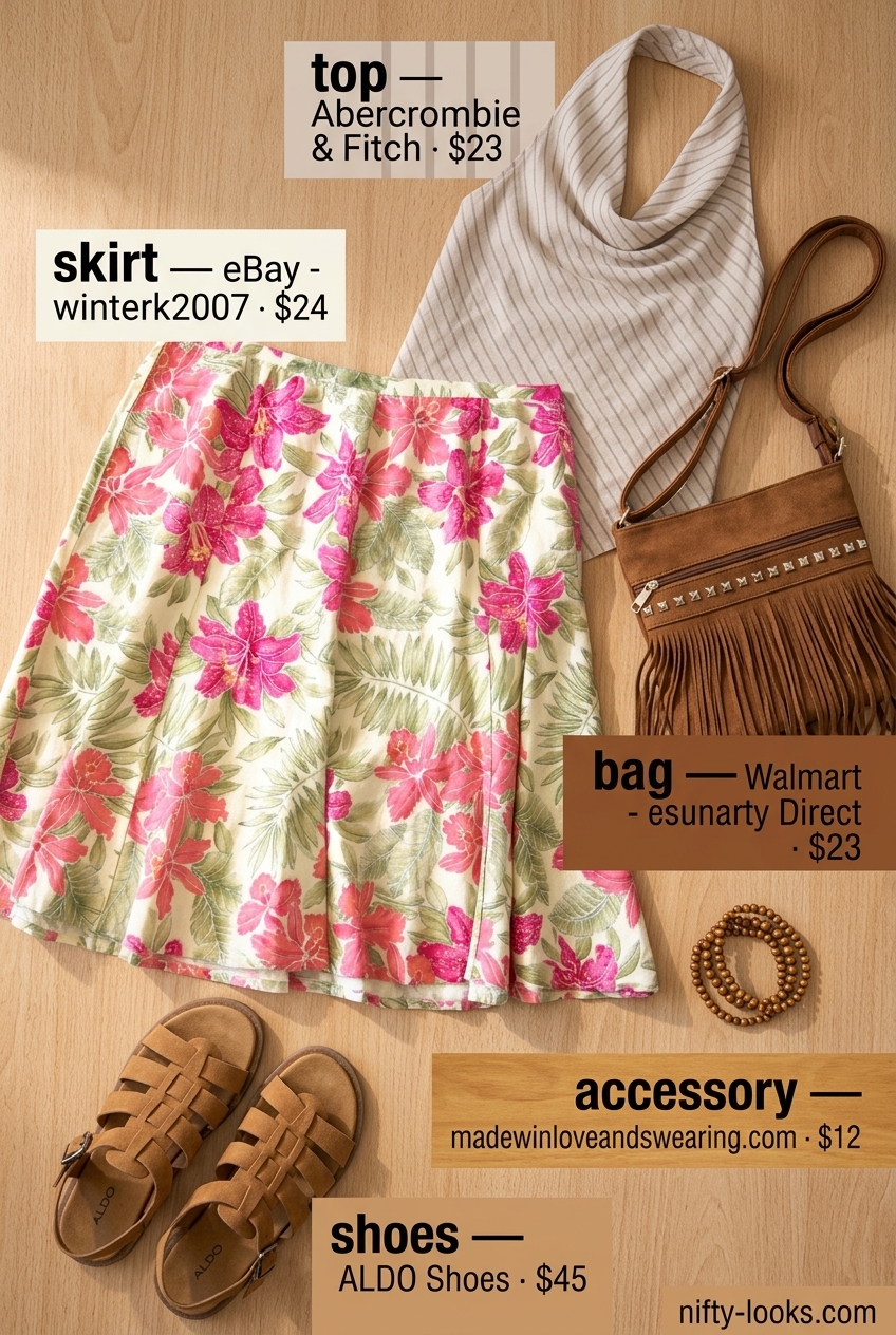 Boho summer cowl neck outfits for women 2026: Cream halter top, floral midi skirt, tan sandals & fringe bag.