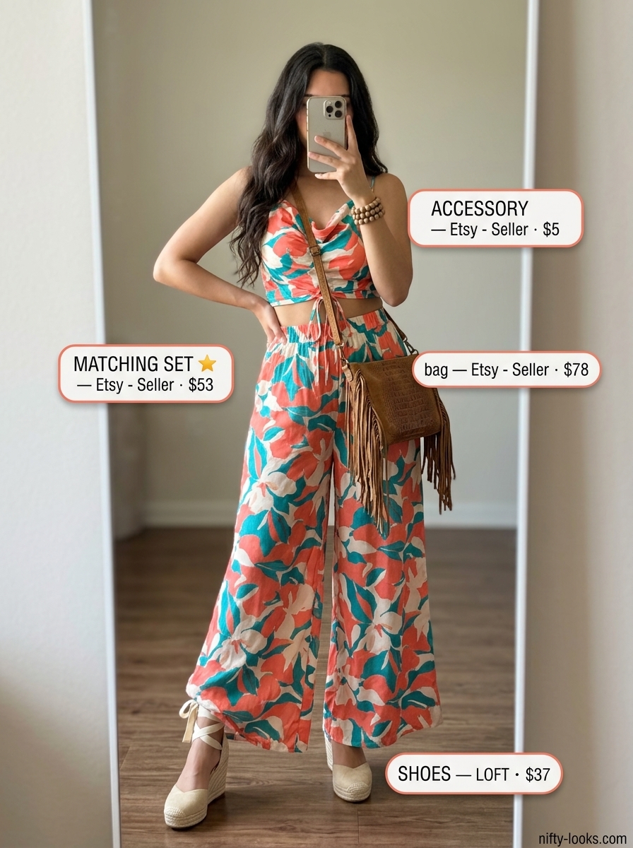 Bohemian coral and teal abstract print cowl neck crop top with palazzo pants for summer festival outfits 2026.