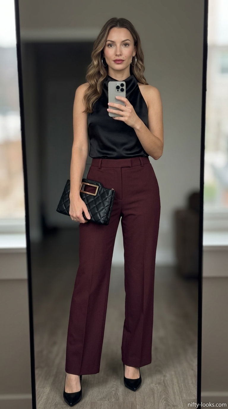 Chic summer cowl neck outfits for women 2026: Black top, burgundy wide-leg pants, black heels & clutch.