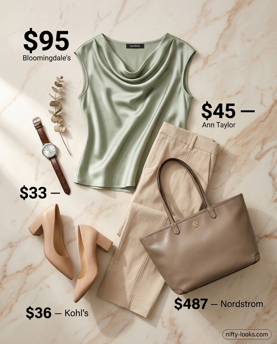 Office summer cowl neck outfits for women 2026: Sage green blouse, beige trousers, block heels & tote.