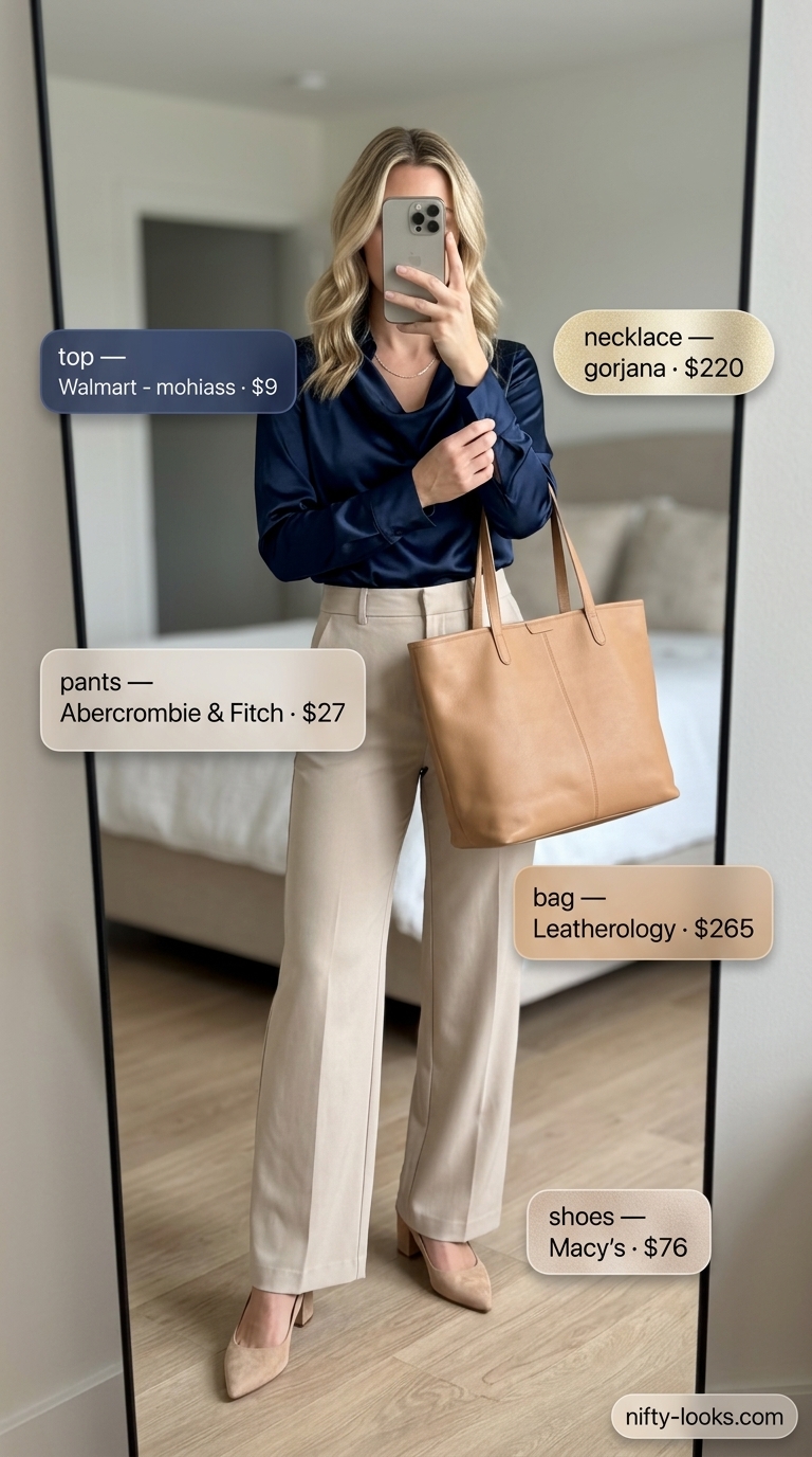Professional summer cowl neck outfits for women 2026: Navy blouse, beige trousers, block heels & tote.