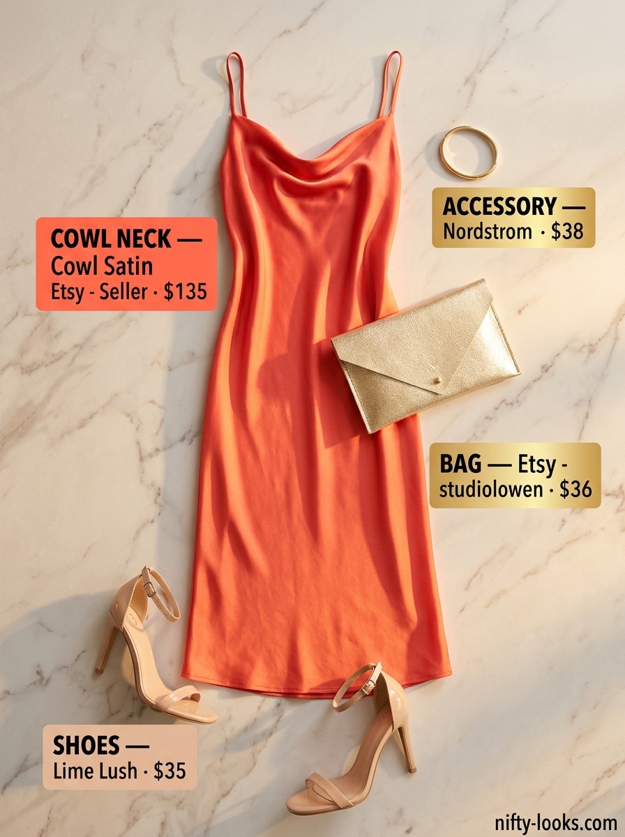 Romantic coral satin cowl neck slip dress for summer date nights, paired with gold accessories and nude sandals.