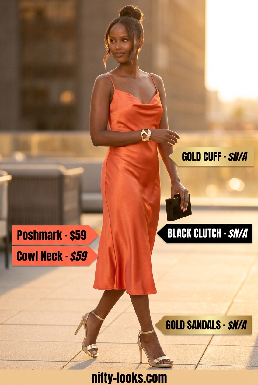 Vibrant coral satin cowl neck slip dress for summer date nights, styled with metallic gold sandals and black clutch.
