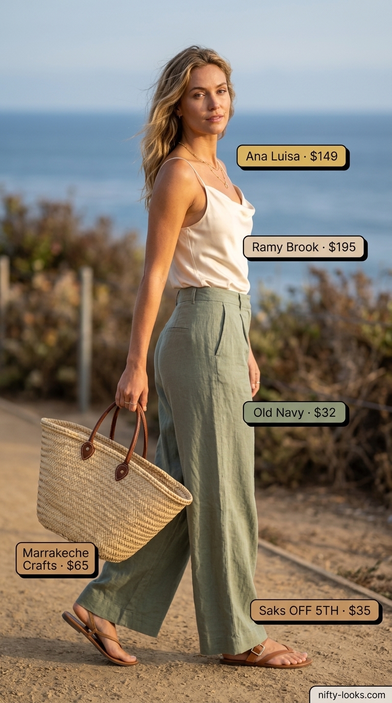 Relaxed cream cowl neck tank top with sage green linen pants for casual summer outfits 2026.
