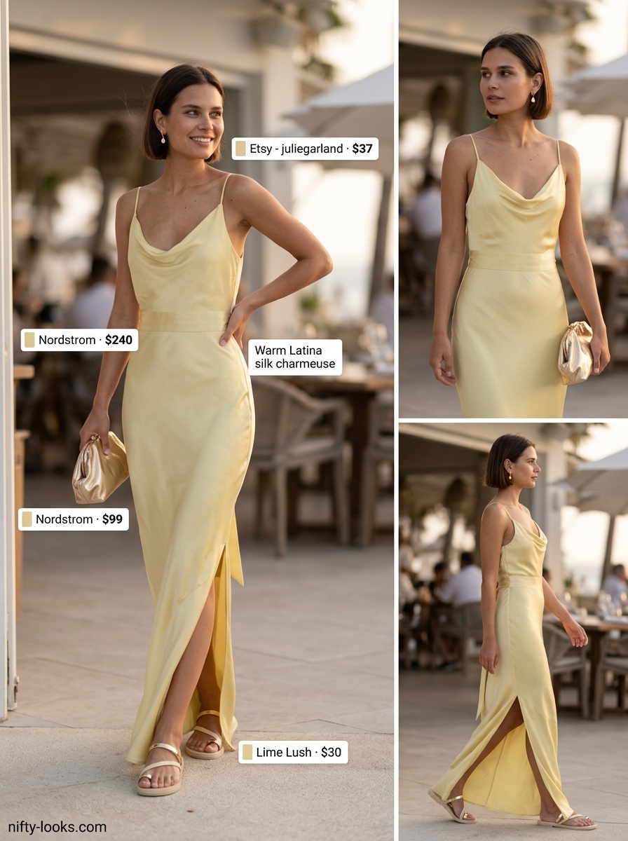 Golden Yellow cowl neck maxi dress for summer evening events, paired with gold accessories and cream sandals.