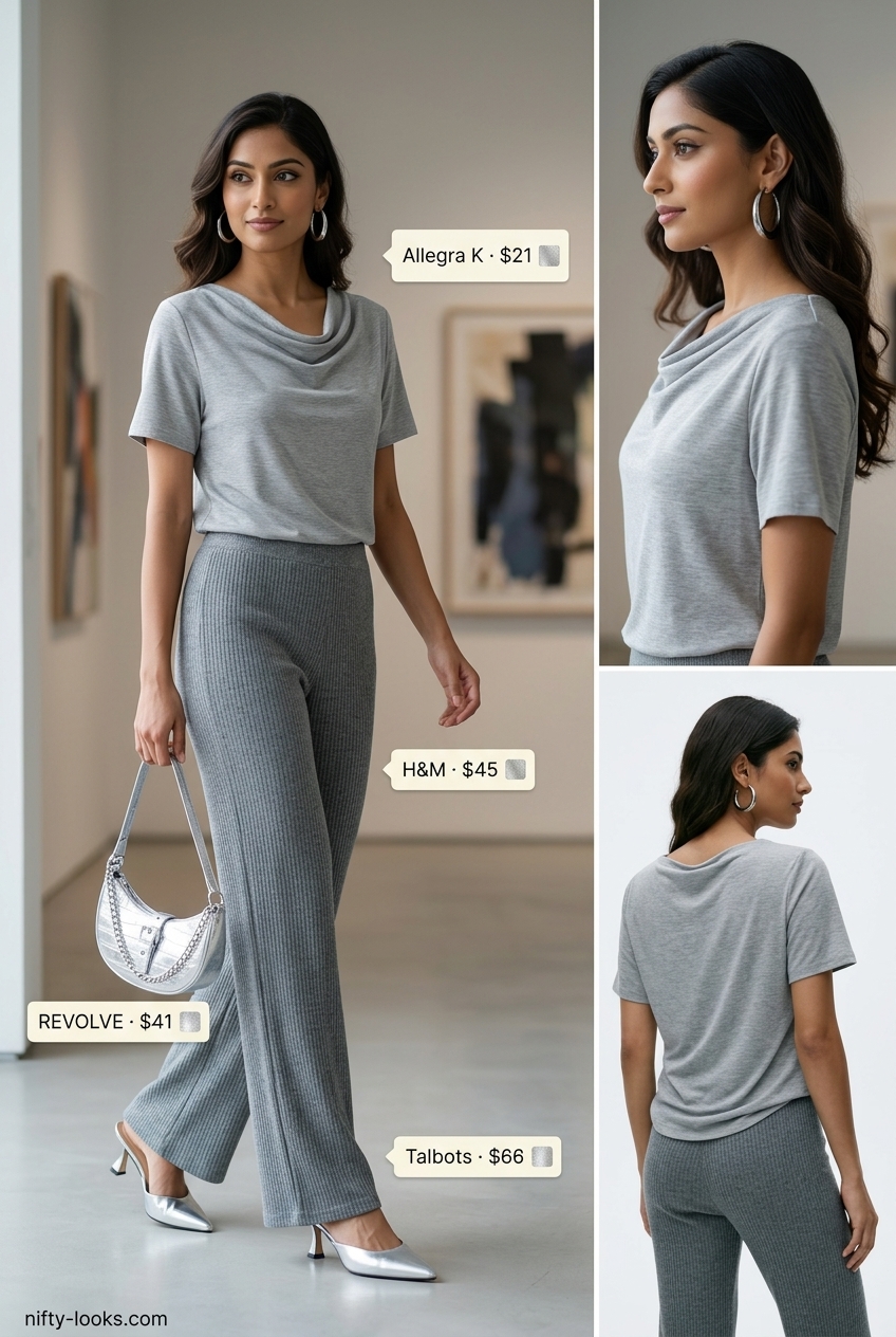 Sophisticated summer cowl neck outfits for women 2026: Light grey knit top, grey pants, silver mules.