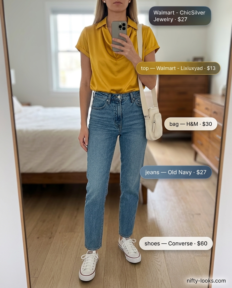 Casual mustard yellow cowl neck t-shirt with denim jeans for women's weekend style 2026.