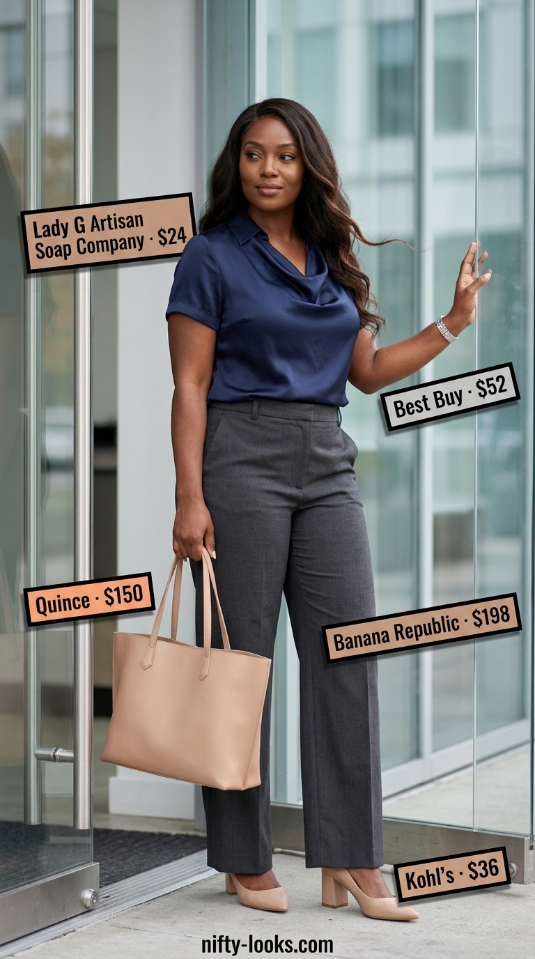 Sophisticated navy satin cowl neck blouse with charcoal grey trousers for professional summer outfits 2026.