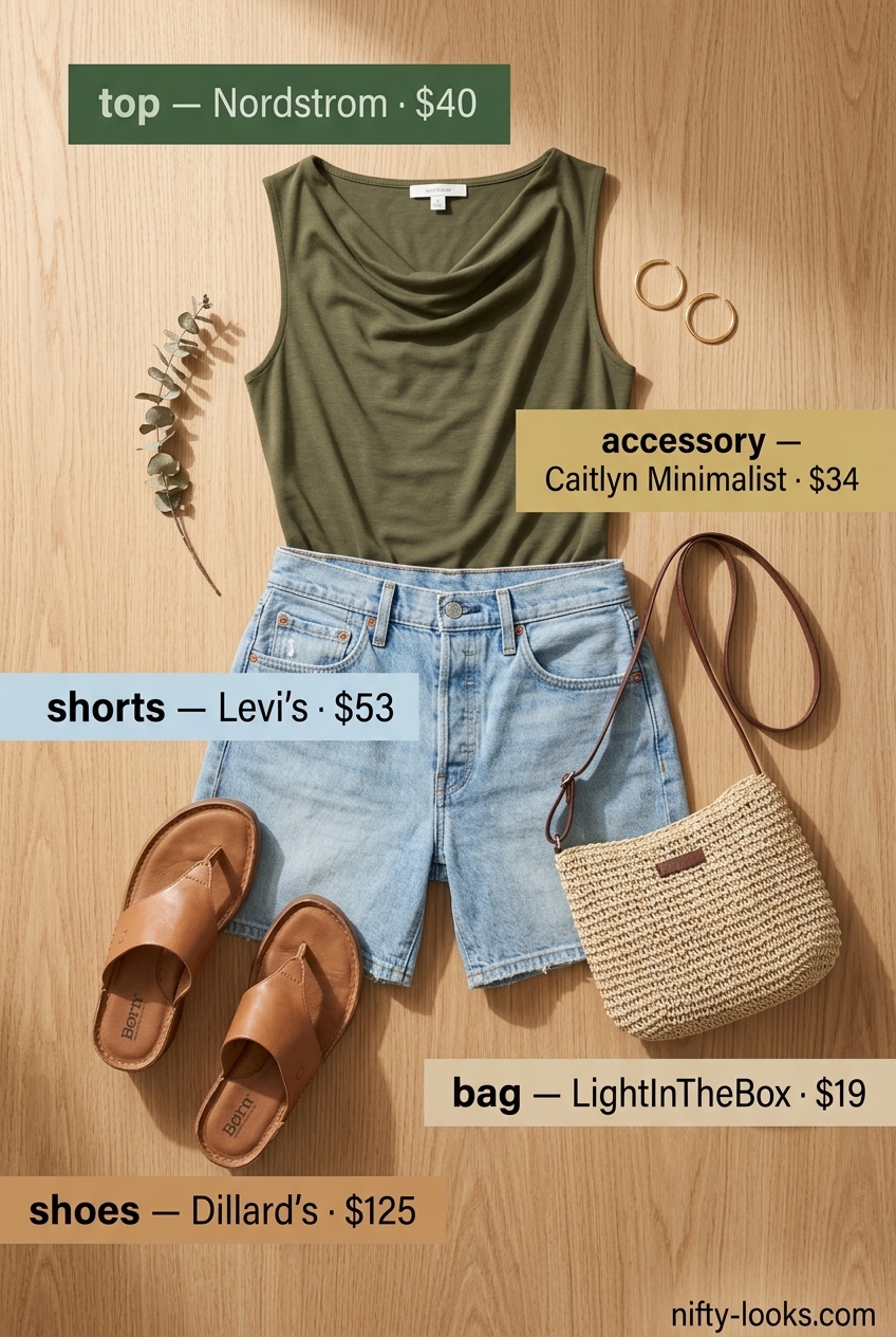 Casual olive green cowl neck top with denim shorts for women, perfect for summer 2026 outings.
