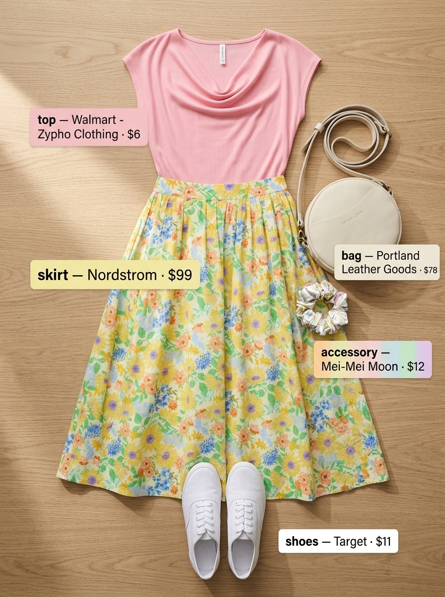 Playful pastel pink cowl neck top with floral midi skirt for women's summer picnics 2026.