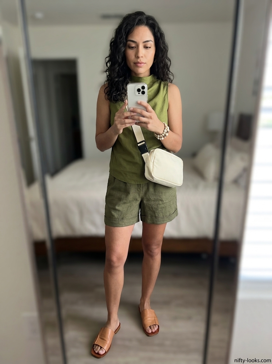 Relaxed summer cowl neck outfits for women 2026: Olive tank, shorts, slides & crossbody bag.