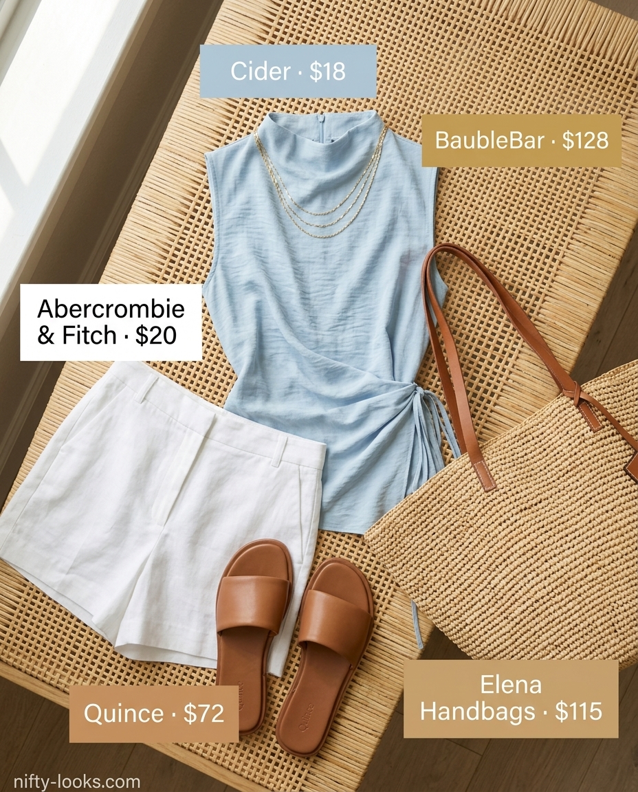 Casual sky blue cowl neck tank top with white linen shorts for beach brunch summer outfits 2026.