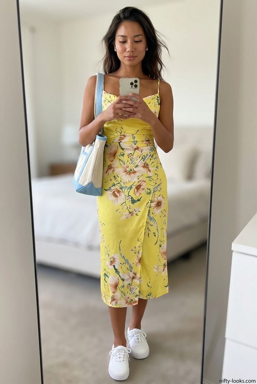 Cute summer cowl neck outfits for women 2026: Yellow floral dress, white sneakers & blue tote.