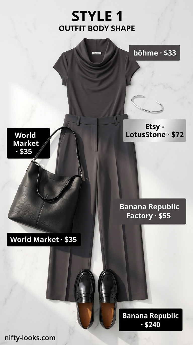 Modern summer cowl neck outfits for women 2026: Charcoal top, black trousers, loafers & tote.