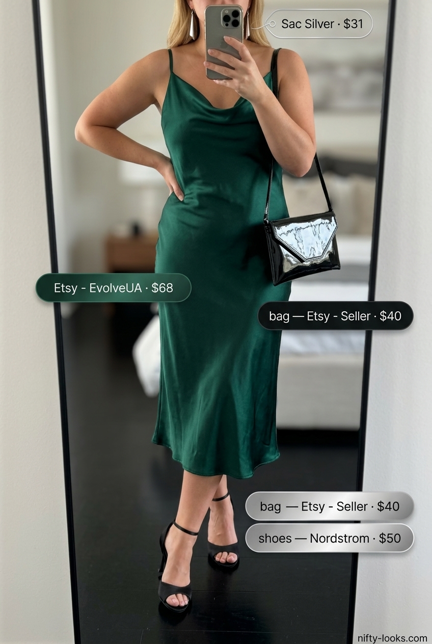 Elegant summer cowl neck outfits for women 2026: Emerald green slip dress, black sandals & clutch.
