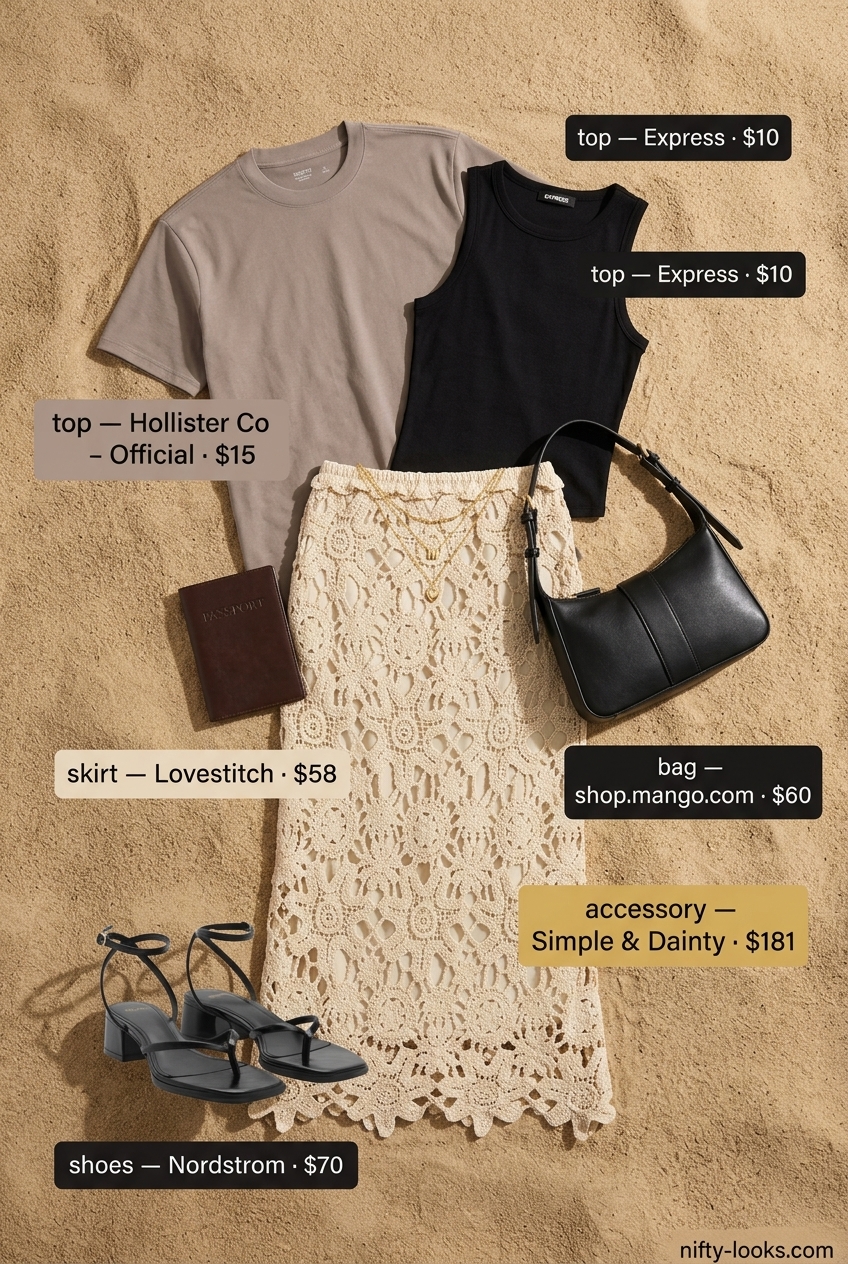 Beige crochet skirt beach outfit for women 2026: midi skirt, black tank, heeled sandals, crossbody bag.