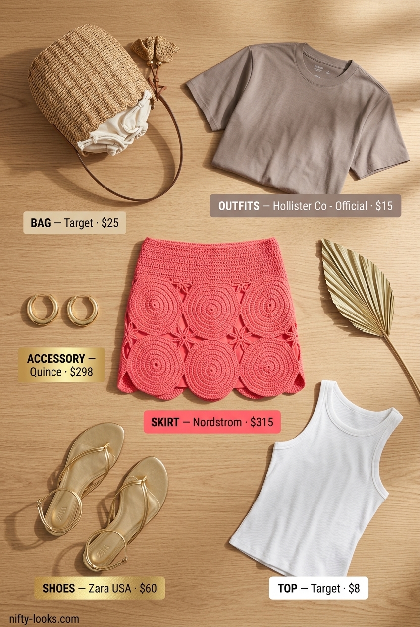 Coral pink crochet skirt beach outfit for women 2026: mini skirt, knit tank, bucket bag, gold hoops.
