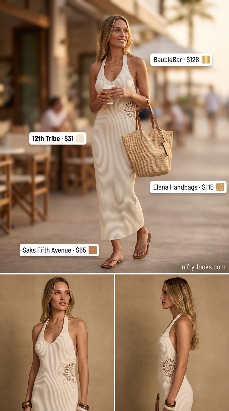 Cream crochet maxi dress beach outfit for women 2026: open-knit, leather sandals, straw tote, gold necklaces.