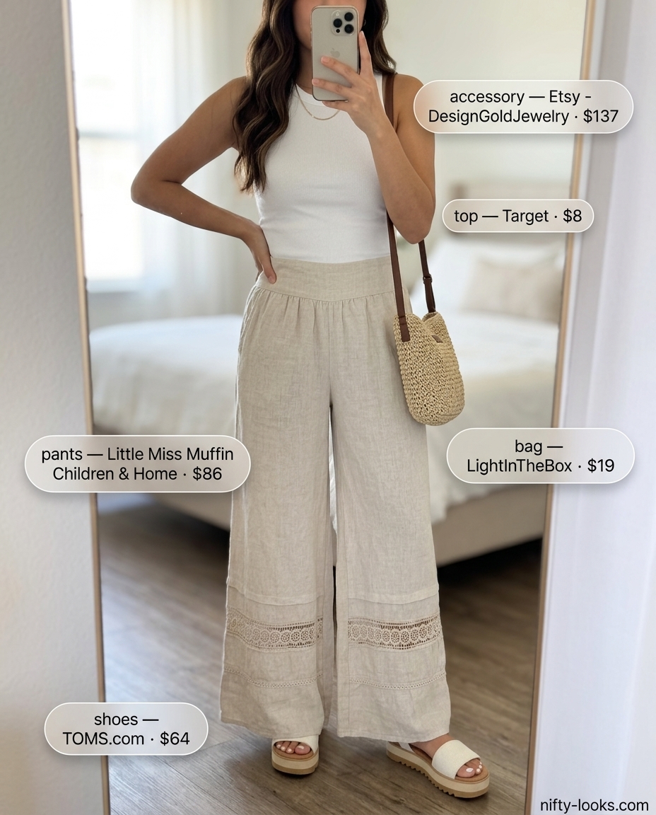Linen crochet beach outfit for women 2026: wide-leg pants, ribbed tank, espadrilles, crossbody bag.