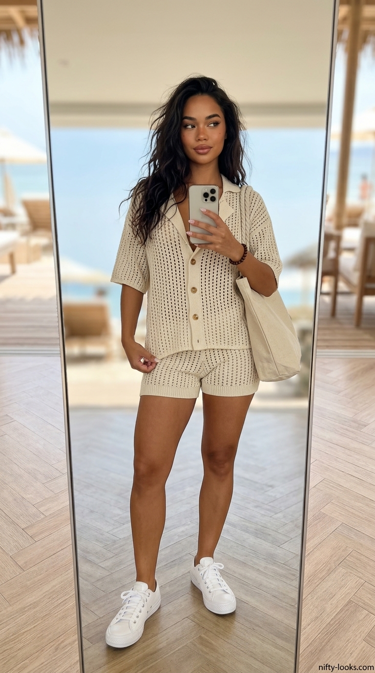 Sandy beige crochet shorts set, white sneakers, canvas tote for summer crochet beach outfits for women 2026.