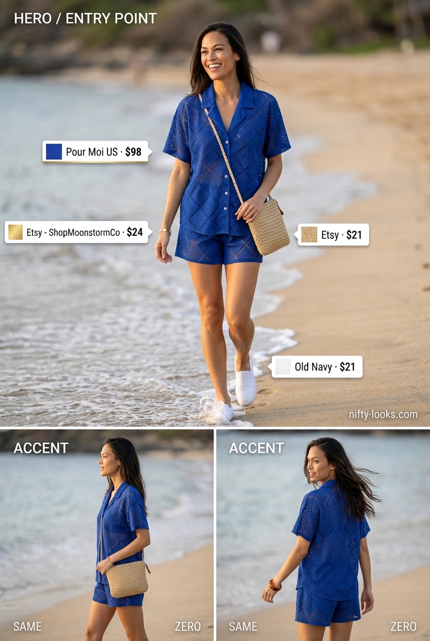 Chic summer crochet beach outfits for women 2026: Ocean blue crochet co-ord set, white sneakers, woven crossbody.