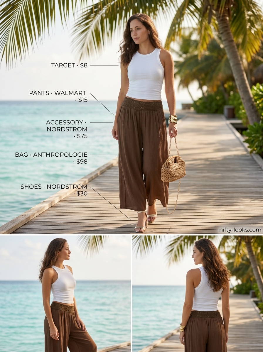 Elegant summer crochet beach outfits for women 2026: Brown crochet pants, white tank, raffia clutch, gold sandals.
