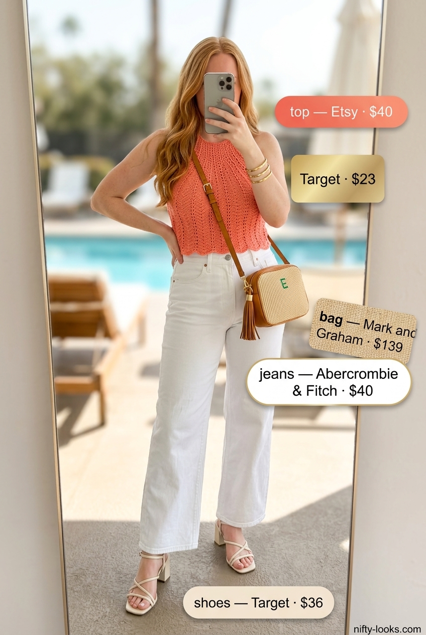 Coral crochet halter top, white wide-leg jeans, heeled sandals for summer crochet beach outfits for women 2026.