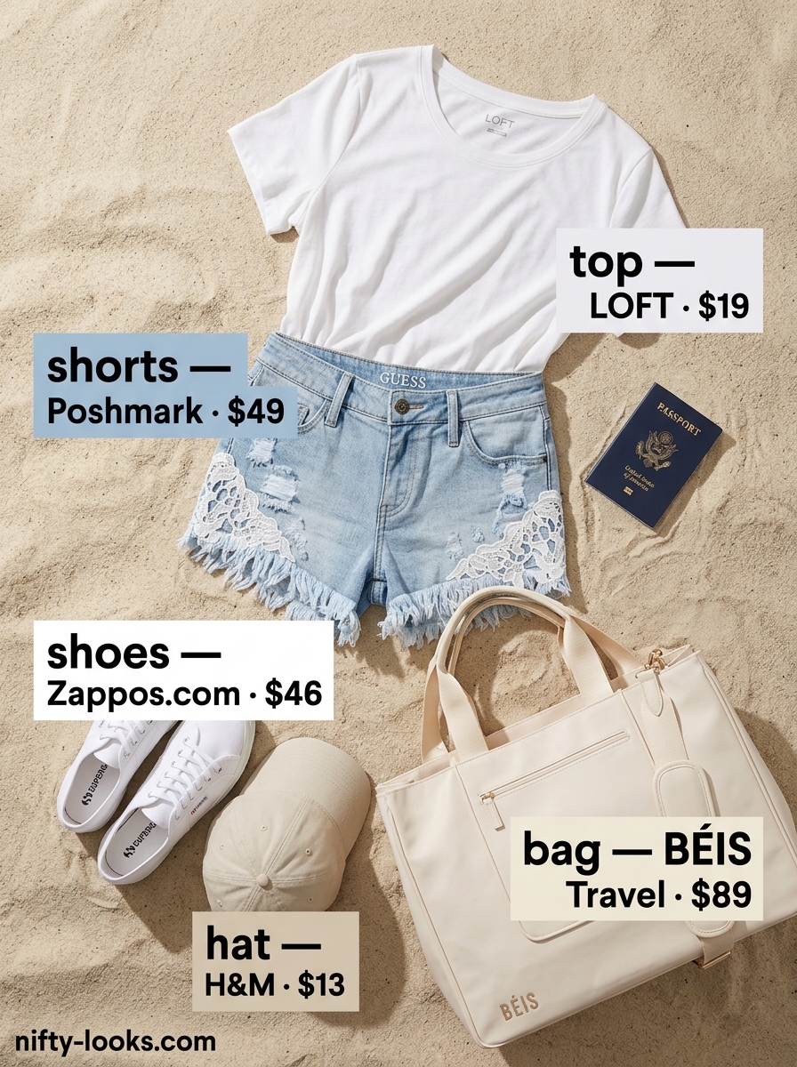 Cool summer crochet beach outfits for women 2026: Denim shorts with crochet trim, white tee, canvas tote.
