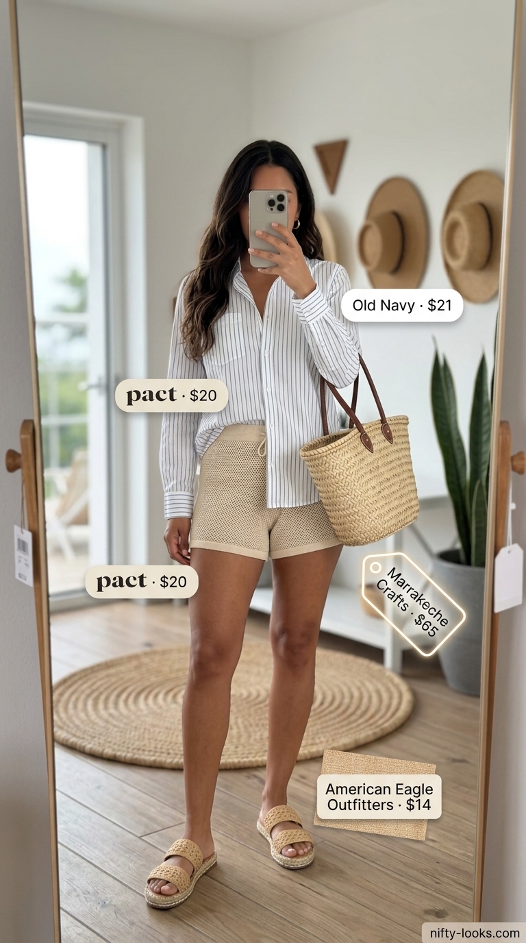 Ecru crochet shorts, white linen shirt, espadrille slides for summer crochet beach outfits for women 2026.