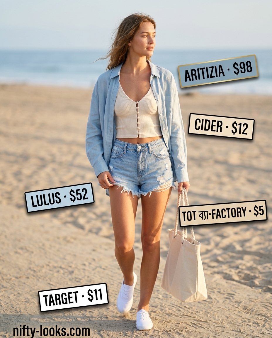 Light blue linen shirt, denim shorts, canvas tote for summer crochet beach outfits for women 2026.