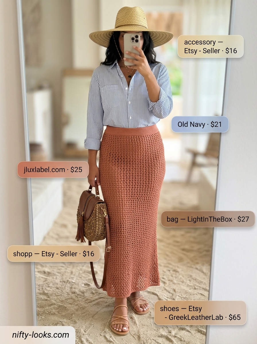 Terracotta crochet maxi skirt, white tank top, straw hat for summer crochet beach outfits for women 2026.