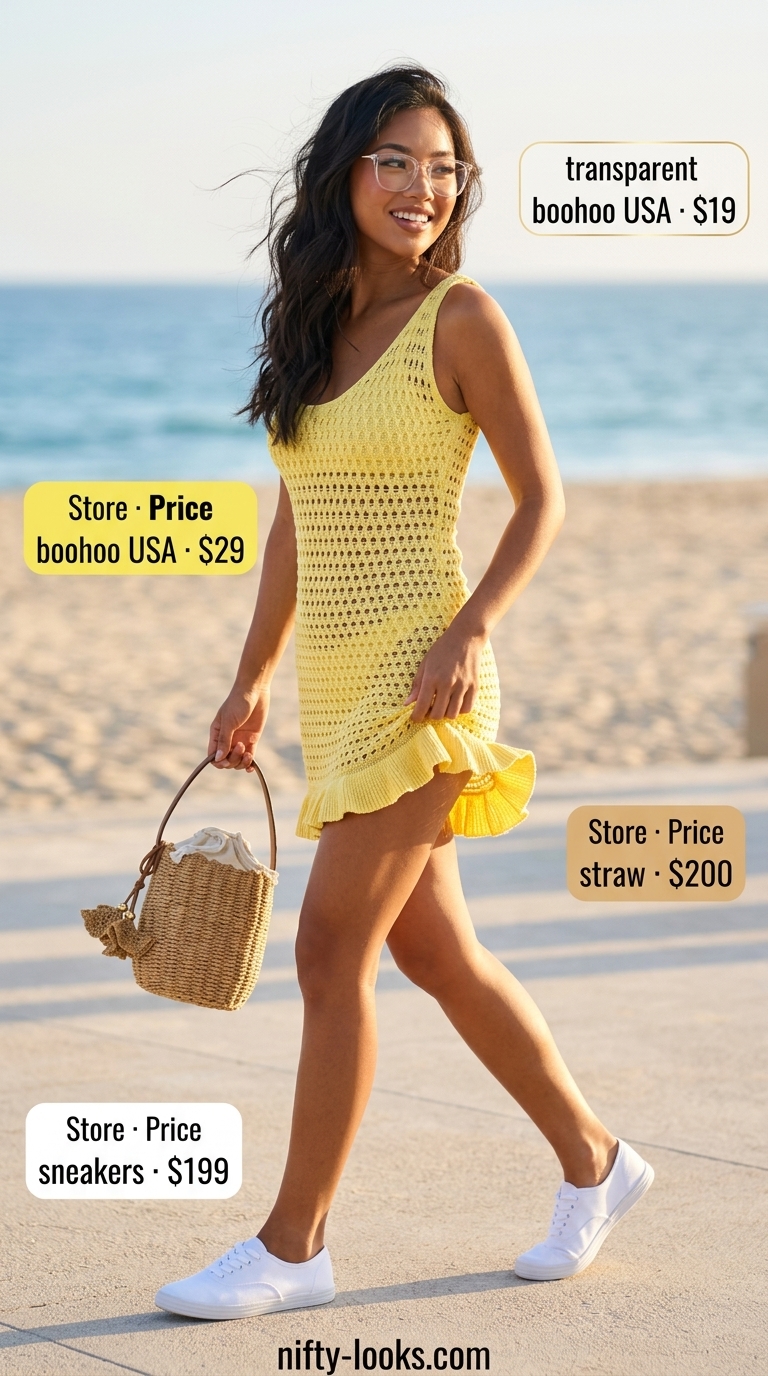 Lemon yellow crochet mini dress, sunglasses, raffia bucket bag for summer crochet beach outfits for women 2026.