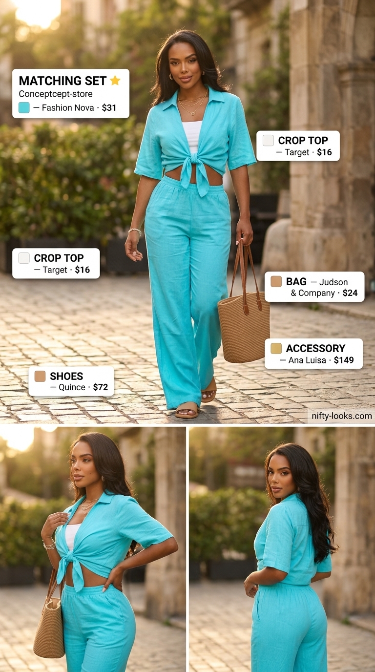 Aqua blue linen crop top matching set for women, perfect for beach days and summer brunch 2026.