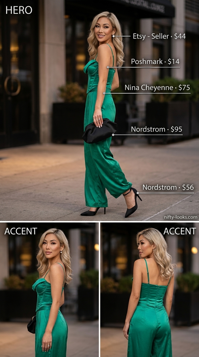 Emerald green satin matching set for women, perfect for a night out or cocktail hour in 2026.