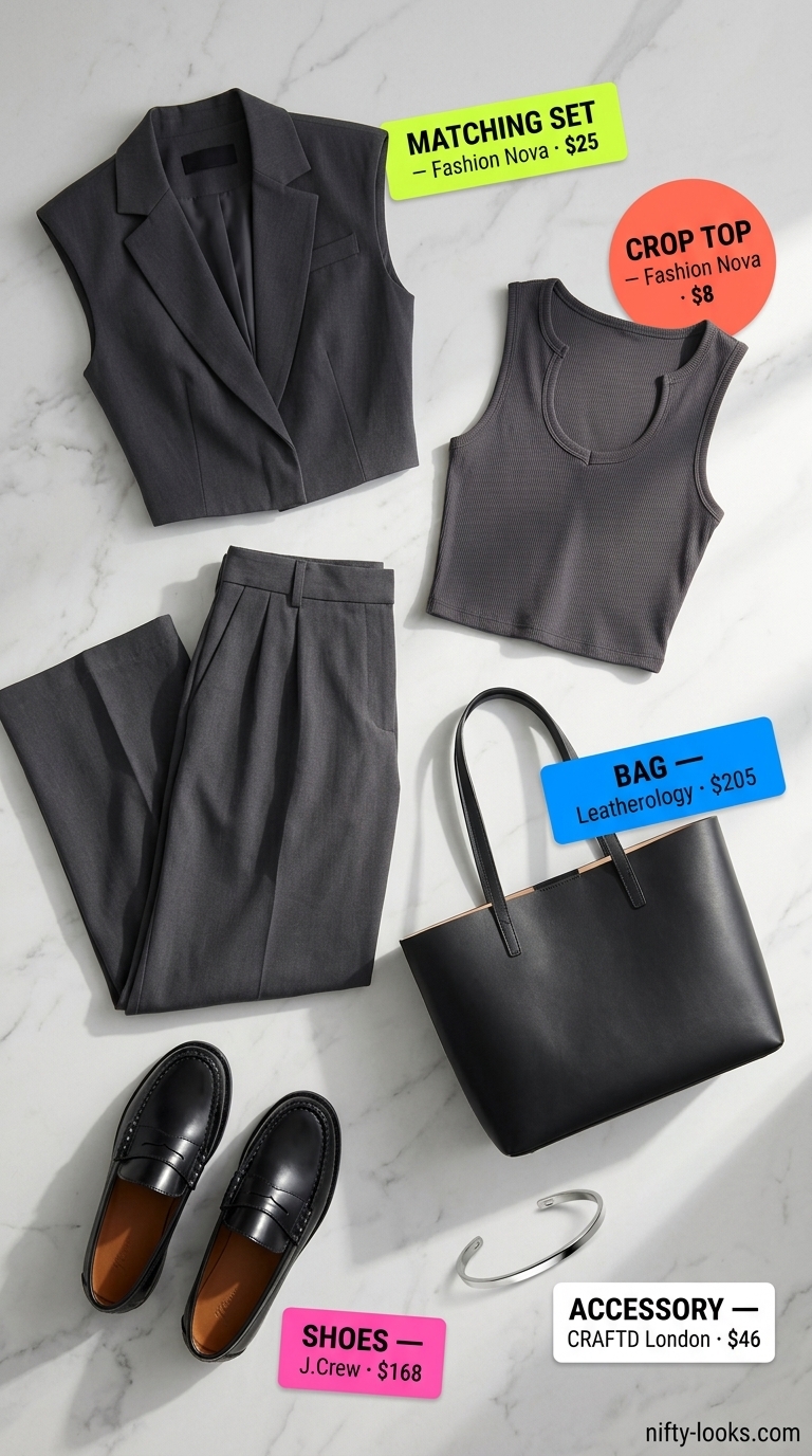 Charcoal grey knit crop top matching set for women, suitable for work casual and city exploration 2026.