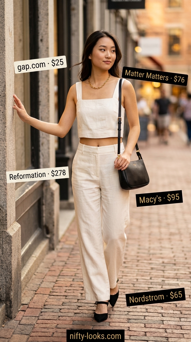 Ivory linen crop top matching set for women, ideal for summer evening events and dinner parties 2026.