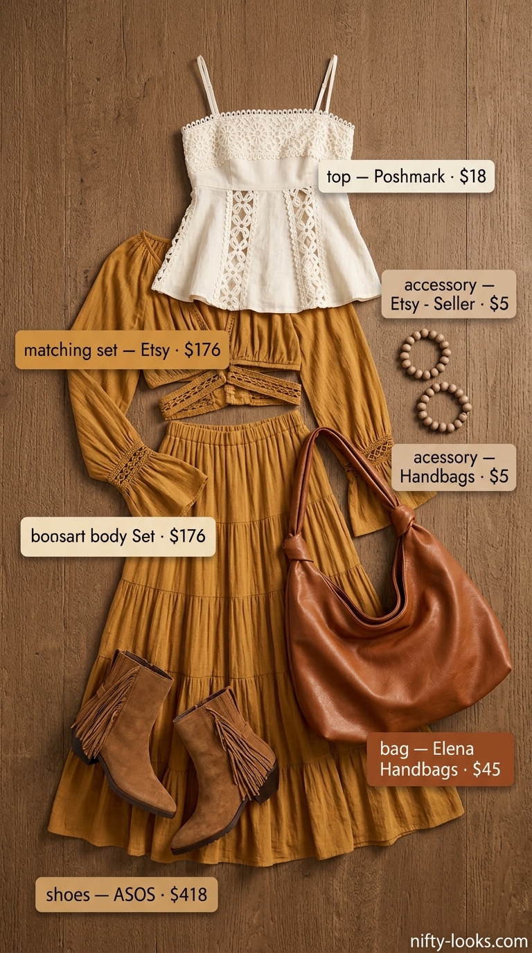 Terracotta and cream bohemian print crop top and maxi skirt for summer crop top matching set outfits for women 2026.