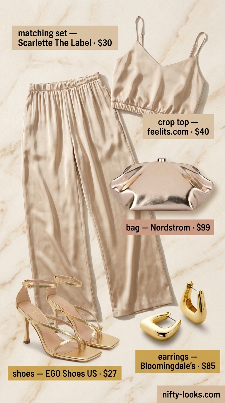 Camel satin crop top & wide-leg pants matching set for women 2026. Sophisticated for evening out and date nights.