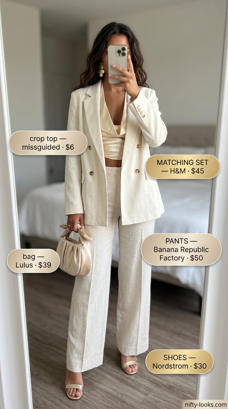 Champagne satin cowl neck crop top with high-waisted wide-leg linen pants for summer crop top matching set outfits for women 2026.