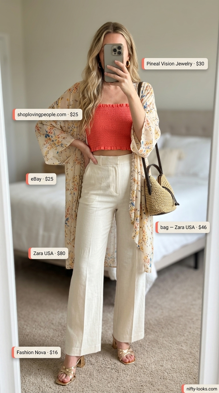 Coral smocked tube crop top with high-waisted wide-leg pants for summer crop top matching set outfits for women 2026.
