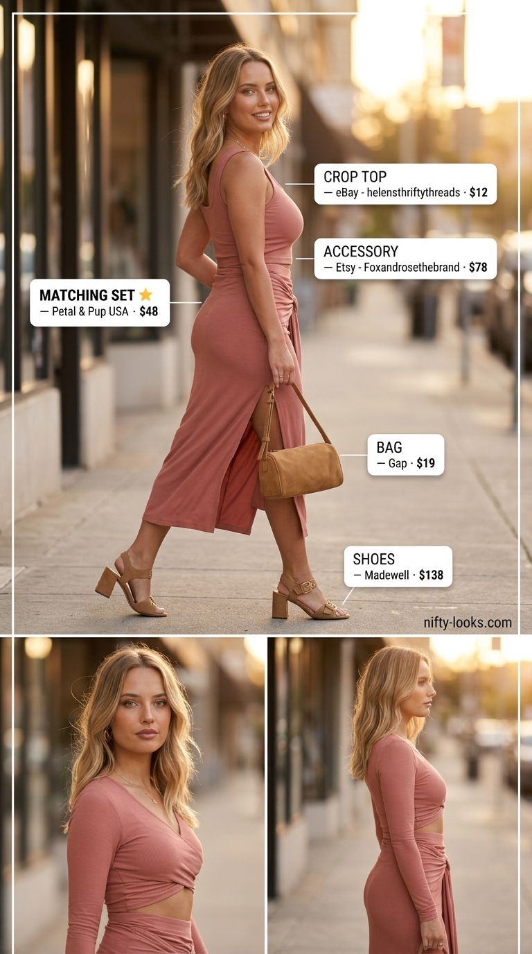 Dusty rose ribbed knit crop top & midi skirt matching set for women 2026. Boho chic for summer evenings.