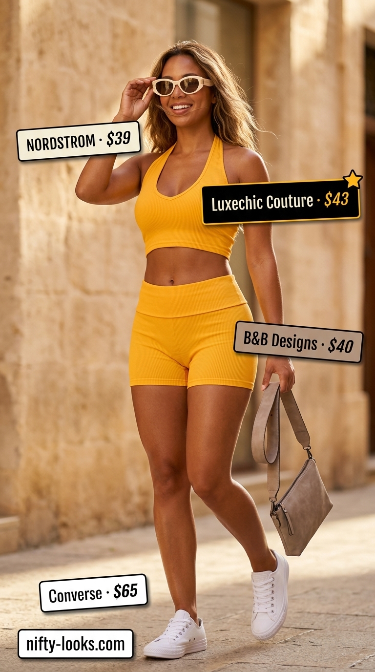 Lemon yellow halter crop top & shorts matching set for women 2026. Joyful for beach vacations and festivals.