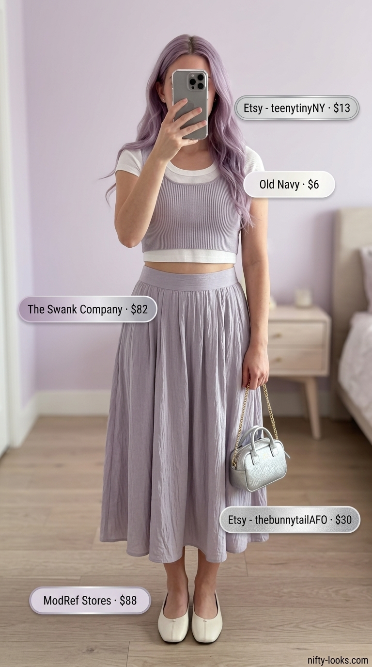 Lilac puff-sleeve crop top and midi skirt matching set for summer crop top matching set outfits for women 2026.