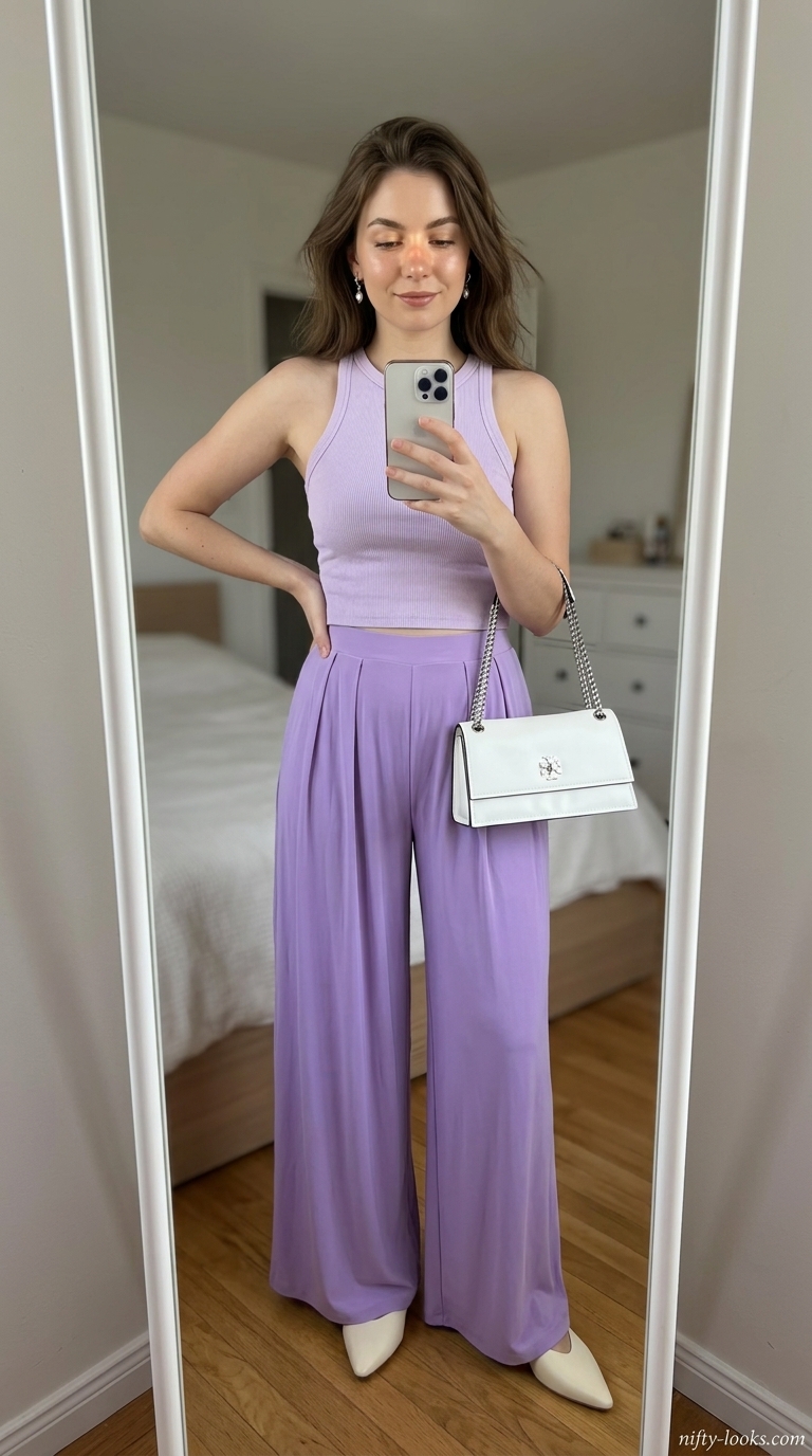 Lilac ribbed knit crop top & palazzo pants matching set outfit for women 2026. Perfect for brunch or casual days.