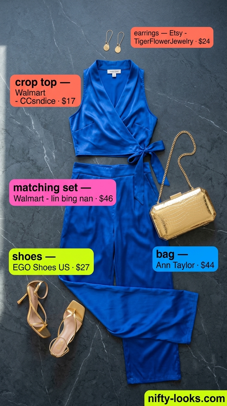 Navy blue satin wrap crop top & palazzo pants matching set for women 2026. Elegant for evening events and weddings.