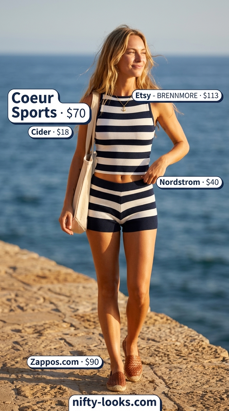 Navy and white stripe crop top & shorts matching set for women 2026. Classic nautical for beach days.
