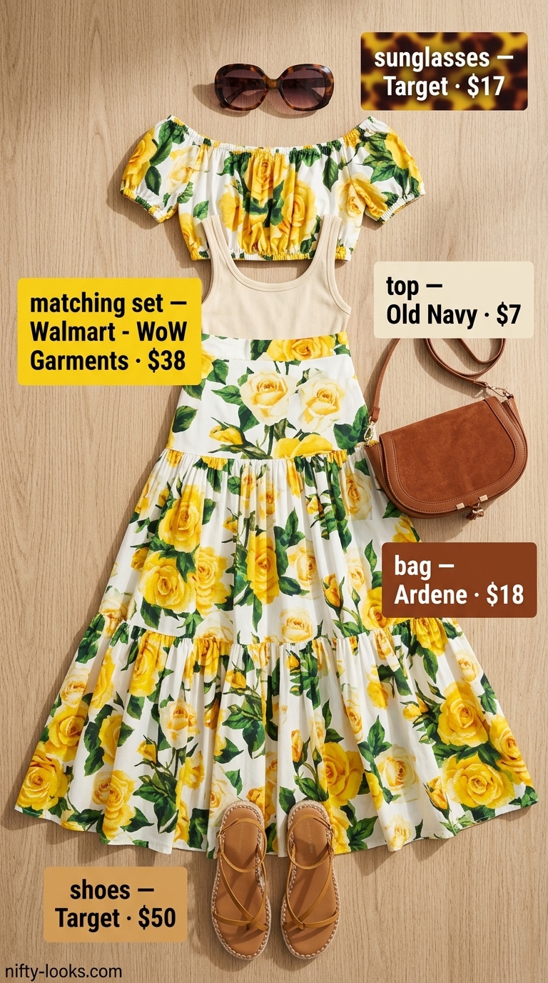 Mustard yellow and cream print crop top and mini skirt matching set for summer crop top matching set outfits for women 2026.